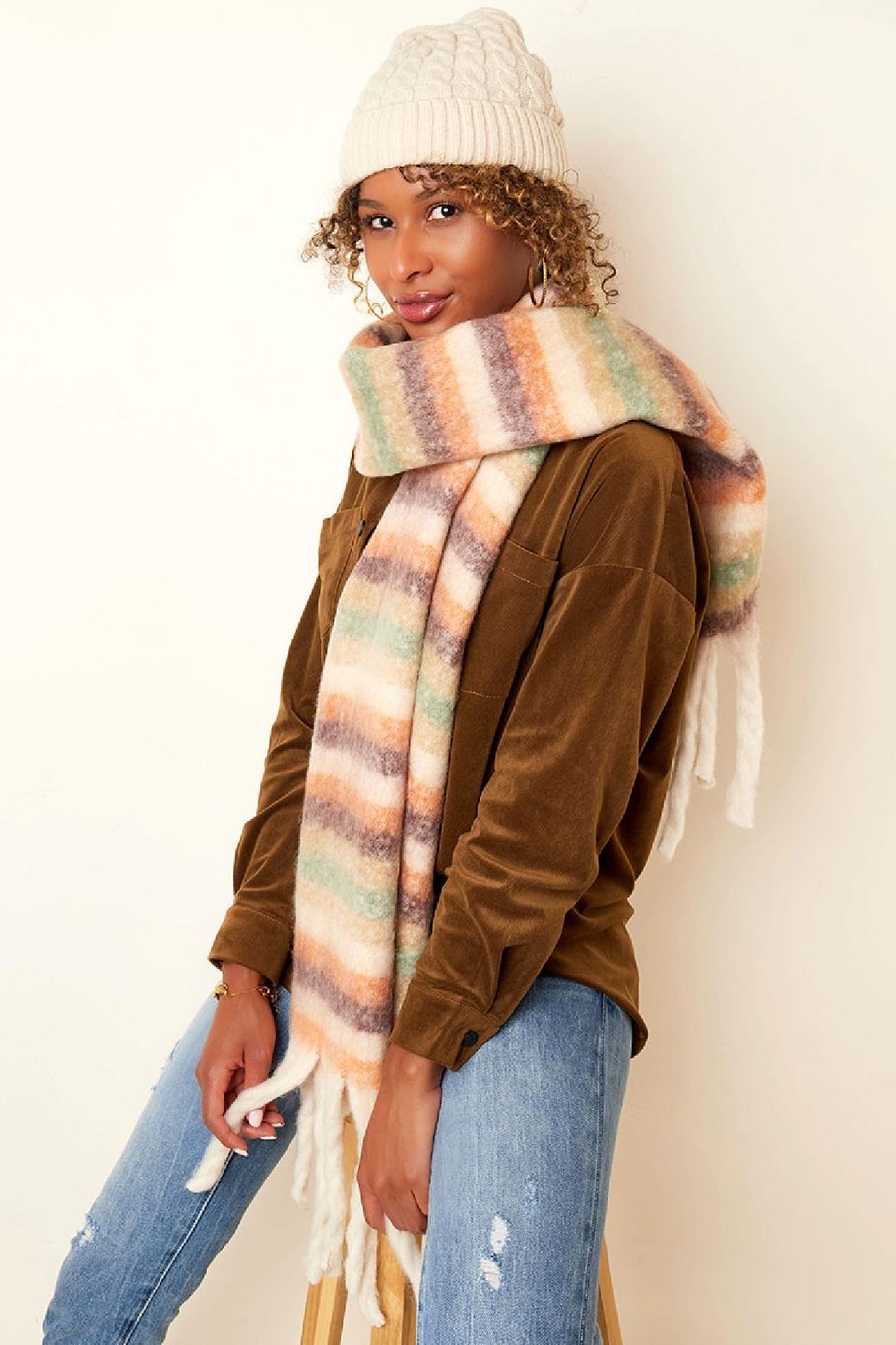 Gestreepte wintersjaal Bruin Polyester Afbeelding2